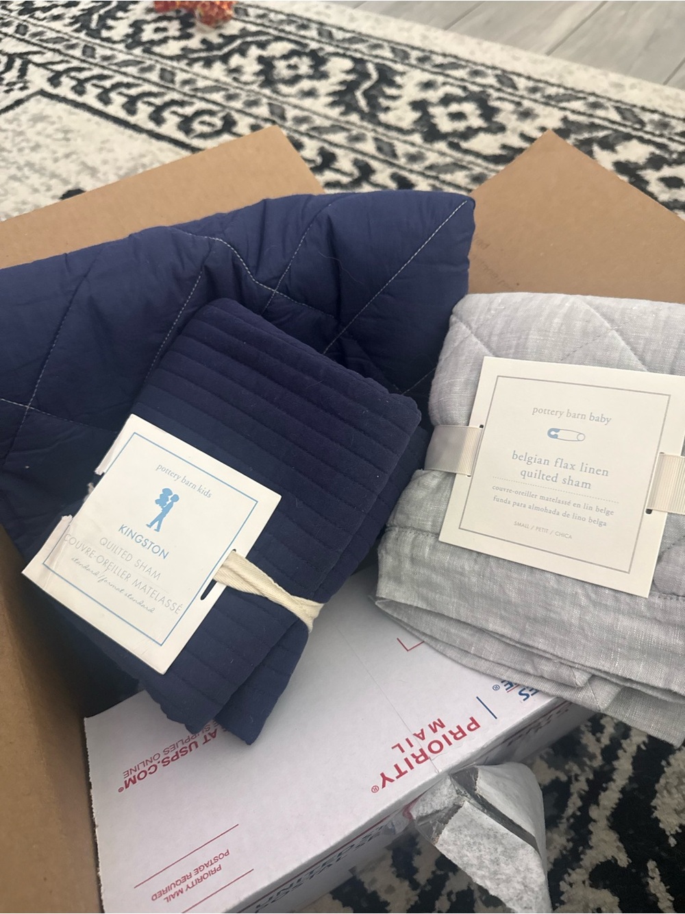 Pottery Barn Quilted Sham & Linen Sham Set - Navy and Light Gray